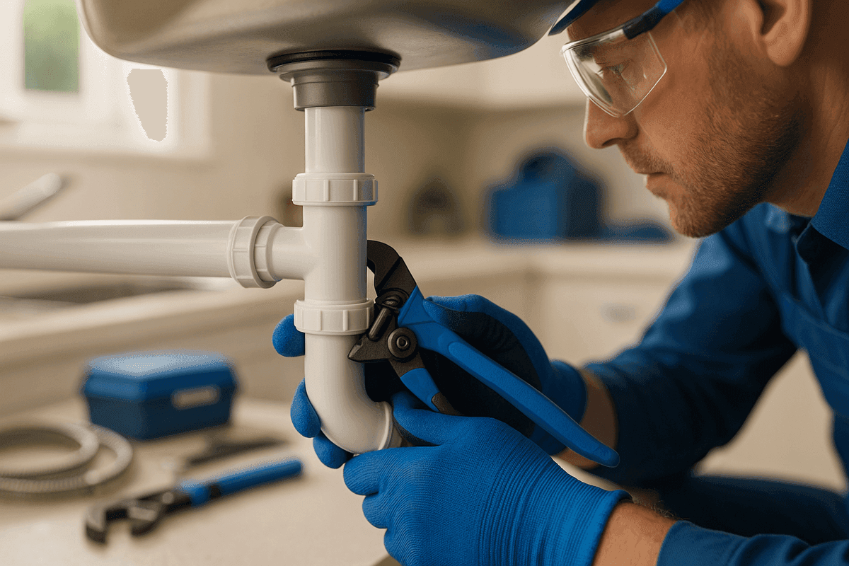 Gloved hands tightening pipe fitting under kitchen sink with plumbing tools nearby